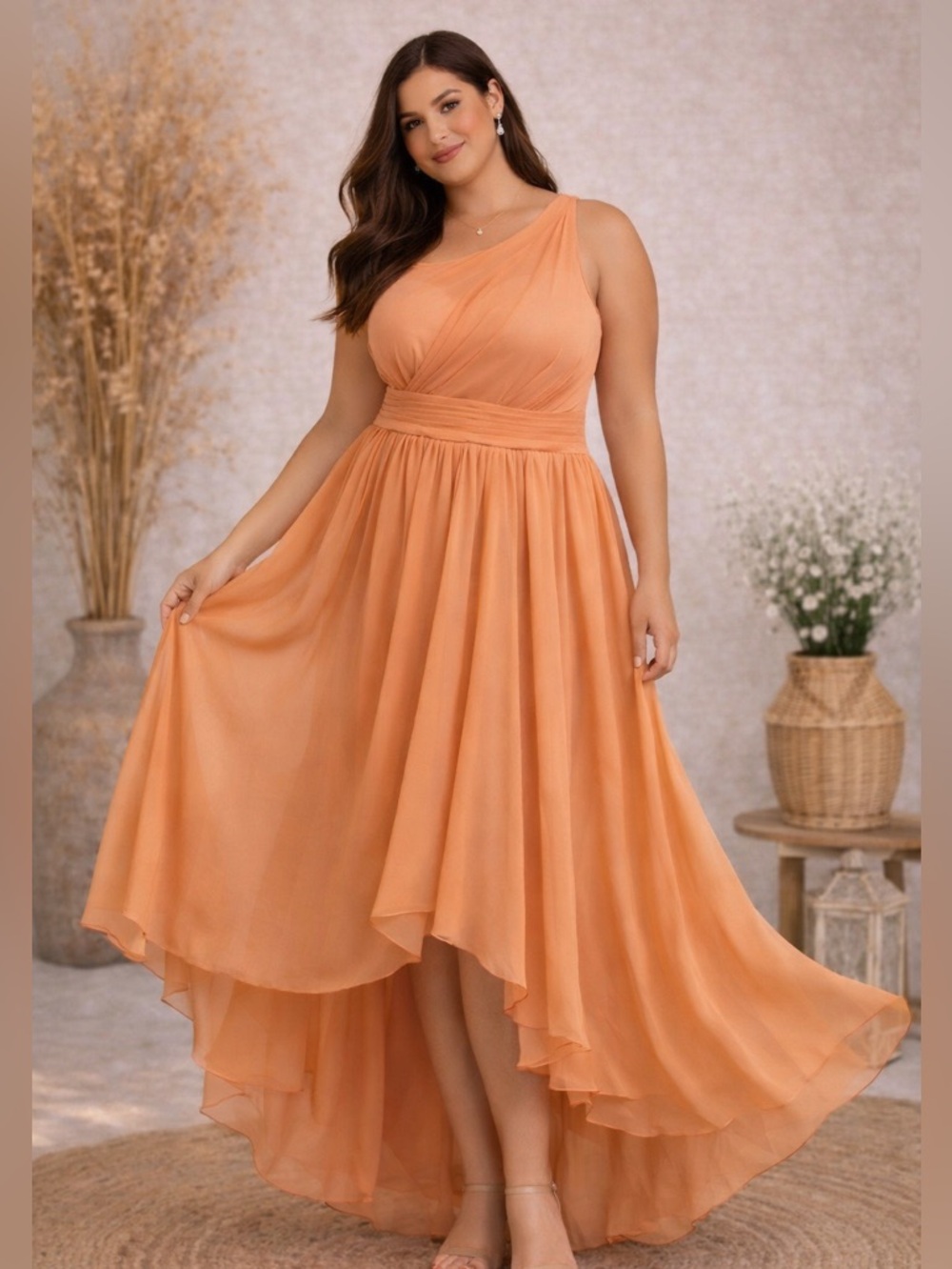 🔥5/$30🔥Elegant One-Shoulder Orange High-Low Evening Dress | L-XL